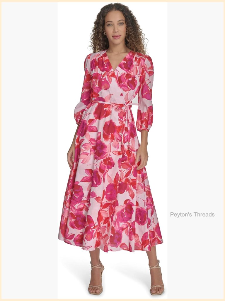 3/4 Balloon Sleeve V-Neck Tie Waist Fit & Flare Midi Dress